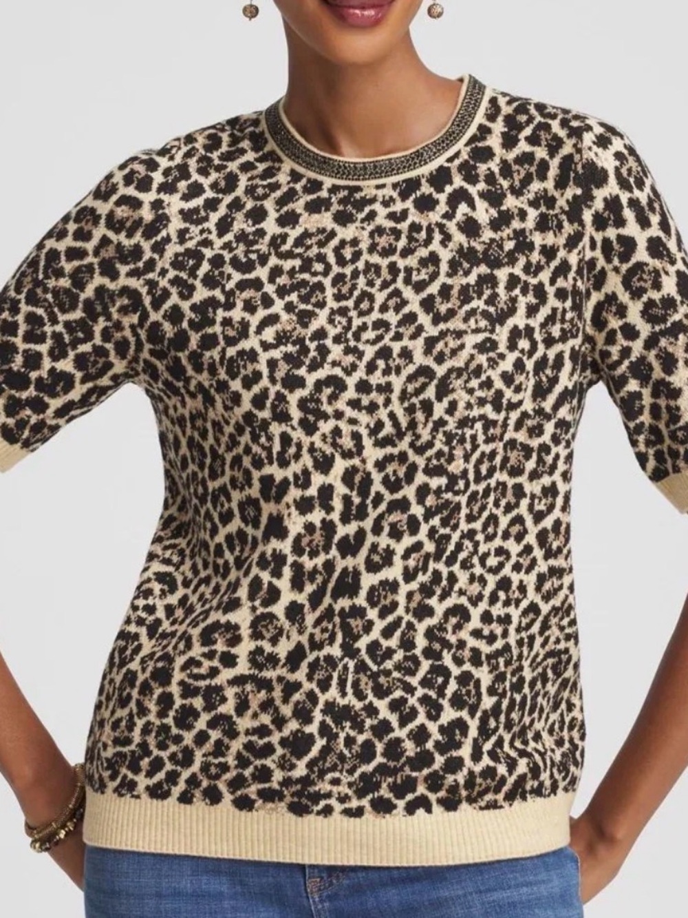Chico's Black and Beige Leopard-Print Short-Sleeve Crew Sweater